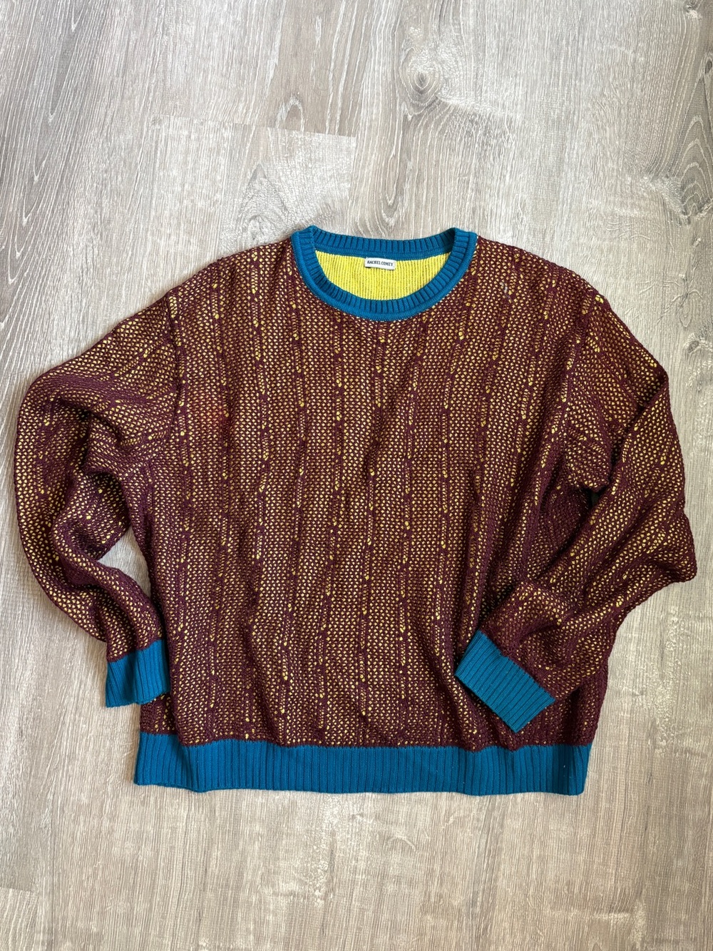 XS Rachel Comey Maroon & Yellow Knit Sweater with Teal Trim, EUC